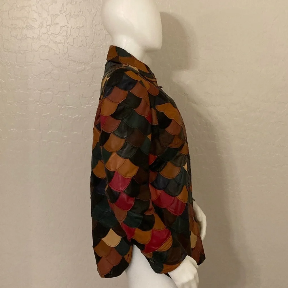 Vintage 1970’s Patchwork Fish Scale Leather Shirt Jacket Medium - Picture 7 of 15